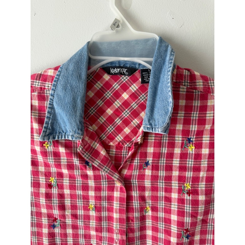 Krazy Kat Vintage Plaid Embroidered Floral Button Up Shirt Denim Collar Red L - Picture 4 of 8